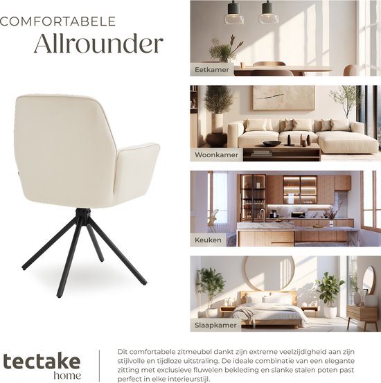 tectake® Draaifauteuil Lenia - Set van 2 Draaifauteuils met Armleuning - Draaibare Eetkamerstoel - Draaibare Fauteuils - Gestoffeerd - Fluweellook Crème/Zwart