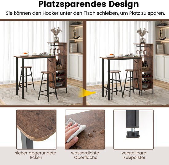 Coast Bartafel met barkruk, set voor 2 personen, met houders voor wijnglazen en flessen, toog voor woonkamer, eetkamer en keuken (koffiekleurig)