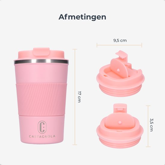Castagnola Thermosbeker - Koffiebeker To Go - Travel Mug voor Koffie en Thee - Theebeker - 380 ML - RVS - Roze