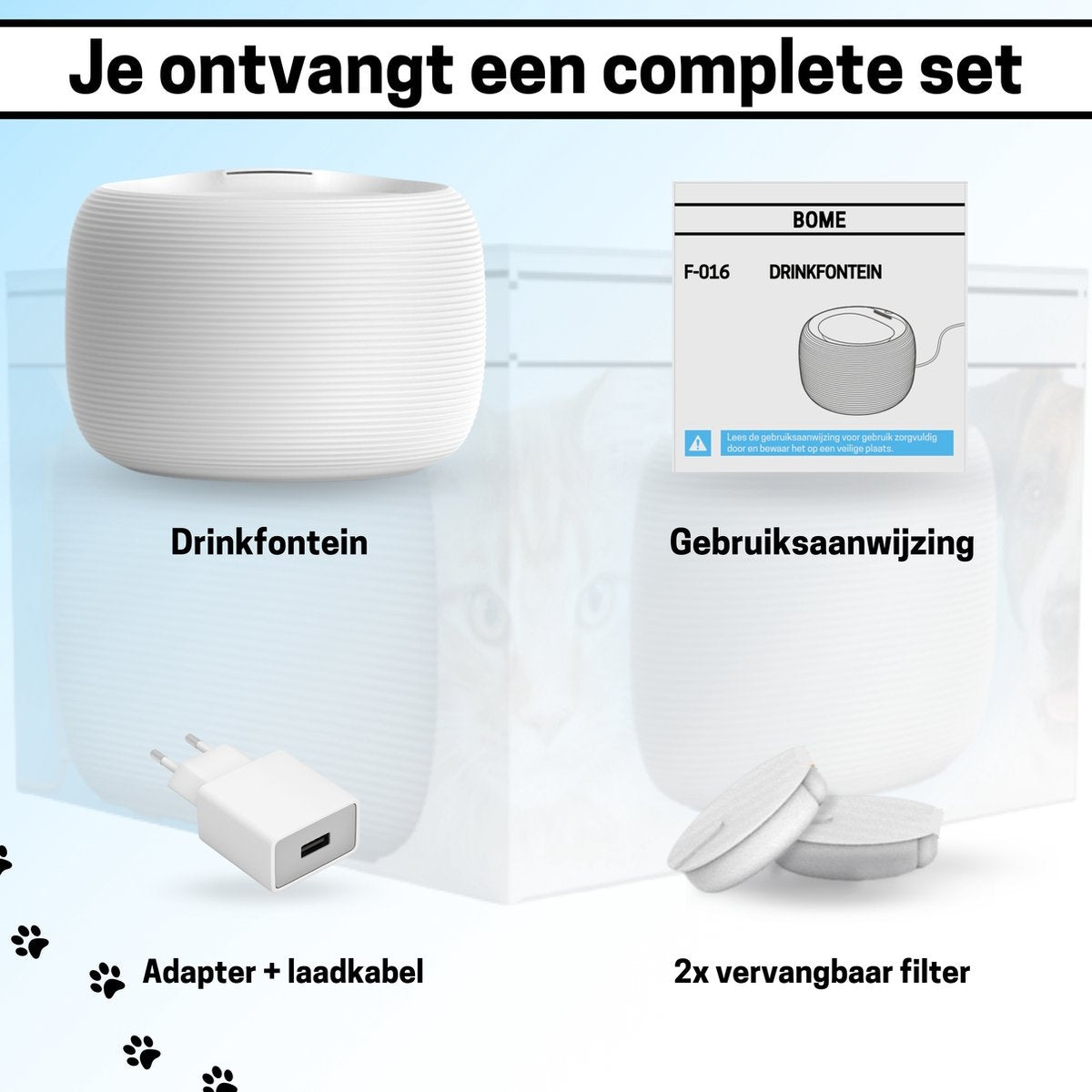 BOME Drinkfontein voor Katten en Honden - 2.5 Liter - Automatische Spoeling - Inclusief 2 Filters