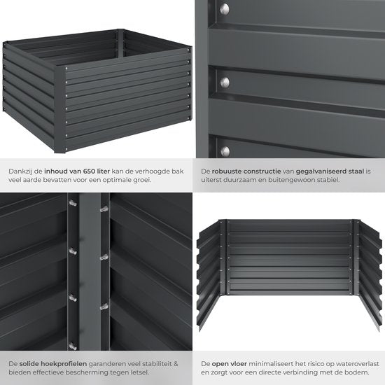 tectake® Verhoogde Plantenbak Blomma - Bloembakken voor buiten Rechthoekig - Inclusief Werkhandschoenen - Verzinkt Staal - Stabiel en Weerbestendig - 120 x 100 x 56 cm - Tuinbed voor Kruiden, Groenten en Bloemen - Antraciet