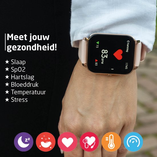 BREND Smartwatch voor Dames en Heren - Stappenteller, Bloeddrukmeter en Hartslagmeter - Sporthorloge - Waterdicht – Roze