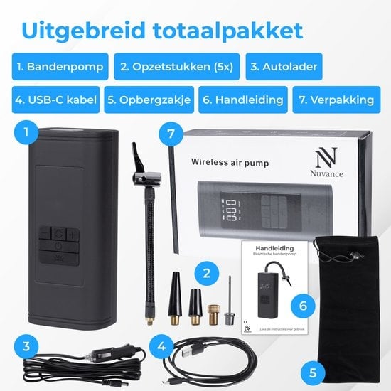Nuvance - Compressor Bandenpomp - 4000mAH - Elektrische Fietspomp - Luchtcompressor voor Auto, Scooter, Fiets, Bal en Luchtbed - Inclusief opzetstukken - Zaklamp - PRO