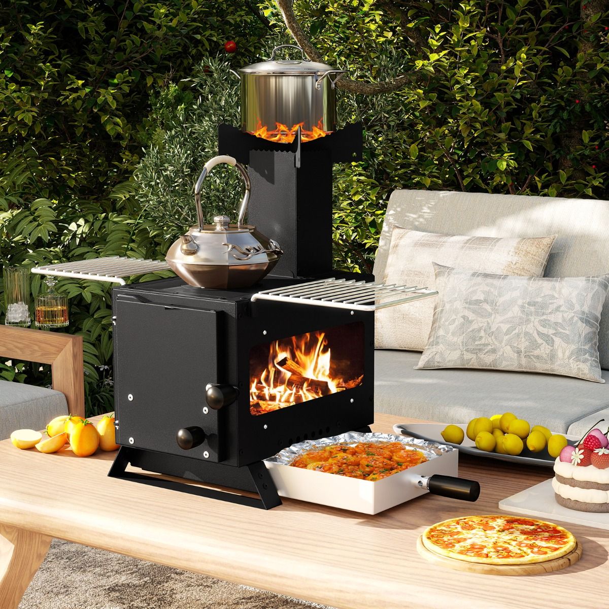 Coast Campingoven - houtgestookte buitenoven - met ovenpan en 2 grillroosters - zwart 54 x 36 x 44 cm