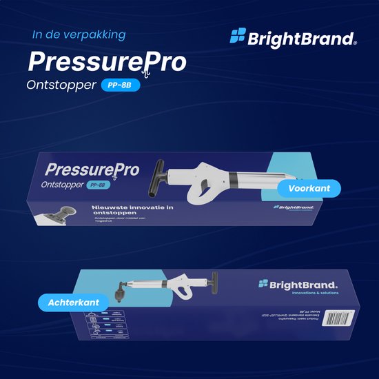 Brightbrand PressurePro Afvoer ontstopper – Toilet Ontstopper – Hogedruk Ontstopper – Wasbak Ontstopper - Inclusief Opzetstukken voor Diverse gootstenen – Ontstoppingsveer – Plopper - Drain