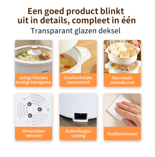 Plodon Elektrische Hotpot 2,4L - Antiaanbaklaag - 27 x 22 cm - Met Stoommandje