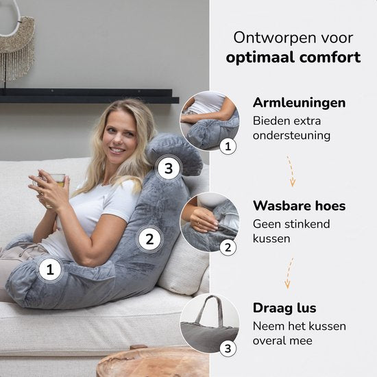 Leeskussen voor in bed - Goede houding in bed - Met 3 opbergvakken - Rugkussen voor onderrug - Bookseat voor bank - Grijs - Soft & Silky