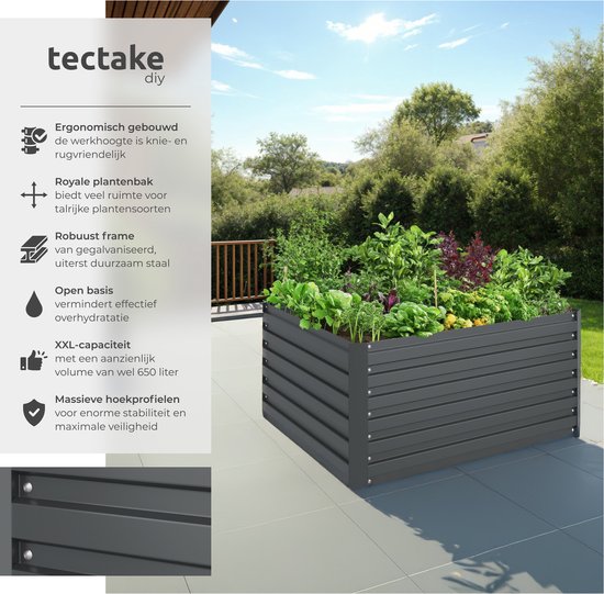 tectake® Verhoogde Plantenbak Blomma - Bloembakken voor buiten Rechthoekig - Inclusief Werkhandschoenen - Verzinkt Staal - Stabiel en Weerbestendig - 120 x 100 x 56 cm - Tuinbed voor Kruiden, Groenten en Bloemen - Antraciet