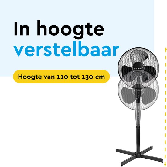 BRASQ Statiefventilator – 40 cm – Zwart - In hoogte verstelbaar – 3 snelheden - 40 Watt