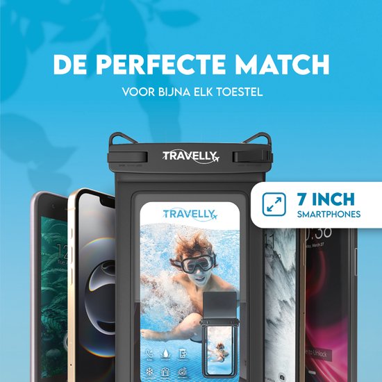 Travelly® Waterdicht Telefoonhoesje Met Extra Opberg Vakje – Universeel Onderwater Hoesje voor Smartphone – Geschikt voor alle telefoons – Drybag – Voor Vakantie, Zwemmen & Watersport – Zwart