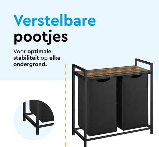 BRASQ Wasmand 2 vakken - Wassorteerder 76 Liter - Uitschuifbaar met Plank 73x33x71 cm - Wasbox Zwart Metaal - Bruin hout - Basket
