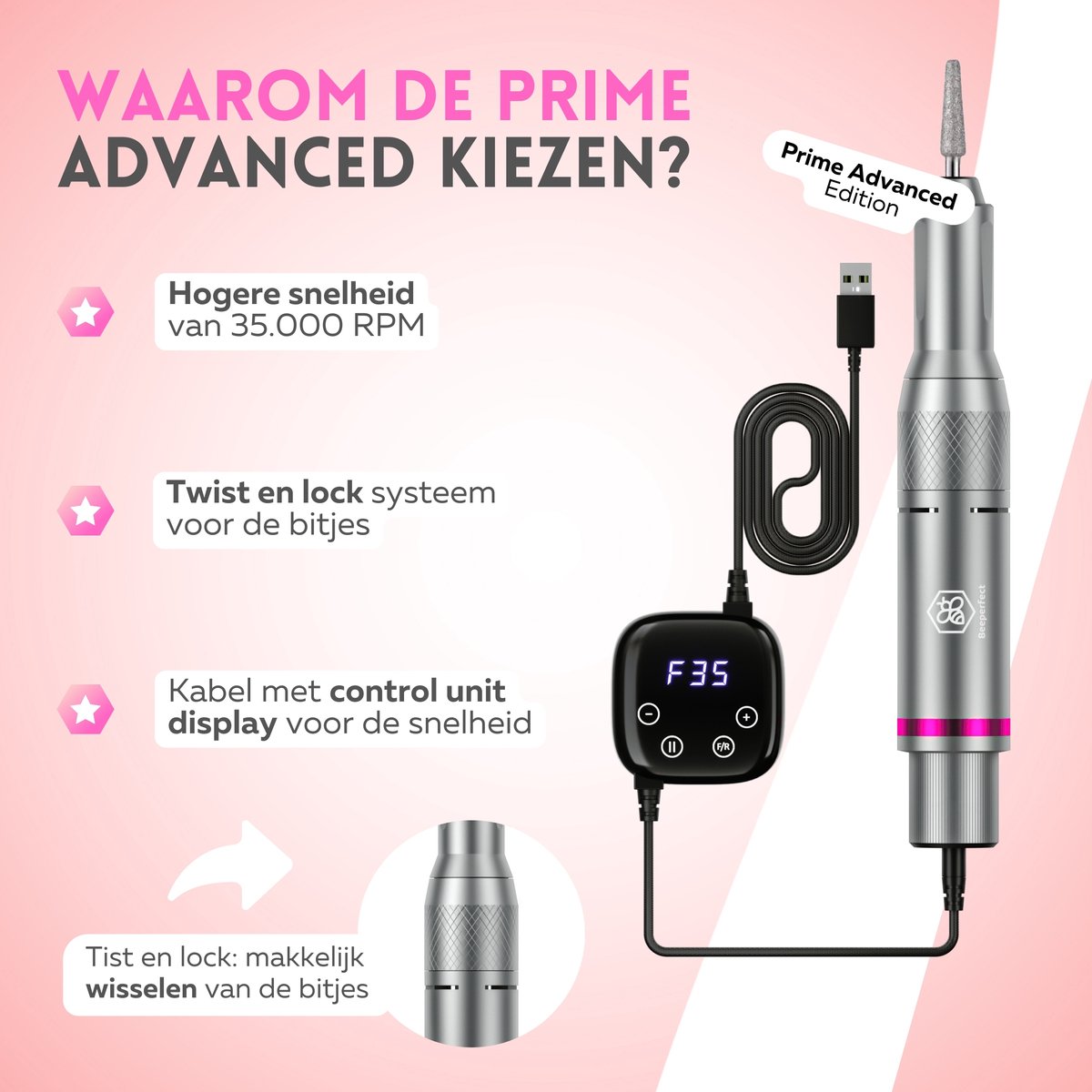 Beeperfect - Elektrische Nagelvijl Advanced - Nagelfrees - Manicure en Pedicure set - 35.000RPM - 26 Bitjes en 66 Schuurrolletjes