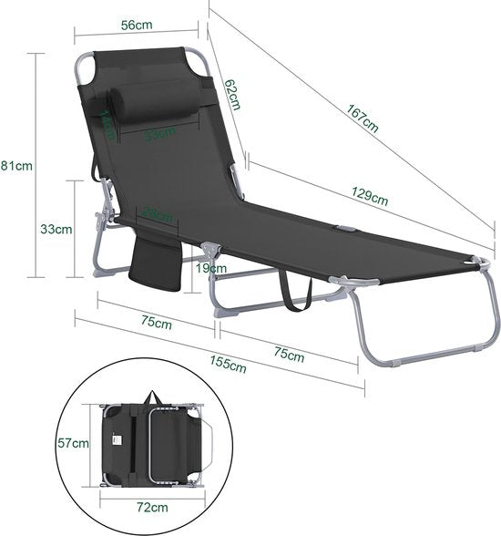 SoBuy Opvouwbare Ligstoel, Verstelbare Tuinligstoel met Hoofdsteun en Opbergzak, Ergonomische Relaxstoel voor Buiten,Tuin, Balkon en Terras, Zwart, OGS35-SCH