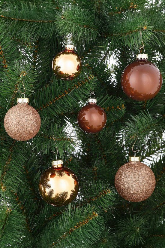 Mica Decorations Kerstballenset van Glas - Kerstballen met Glans en Glitter - Kerstversiering voor de Kerstboom - Piek voor de Boomtop - Set van 42 Stuks - Ø7 cm - Bruin