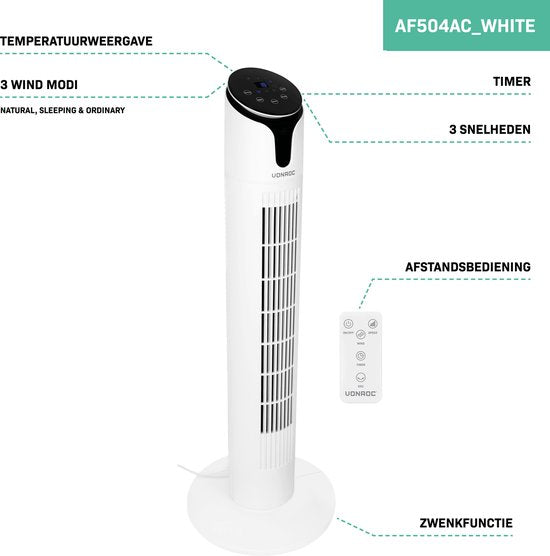 VONROC Luxe Ventilator - Torenventilator – hoogte 86 cm – Incl. afstandsbediening - 3 snelheden – zwenkfunctie - 15 uurs timer - wit