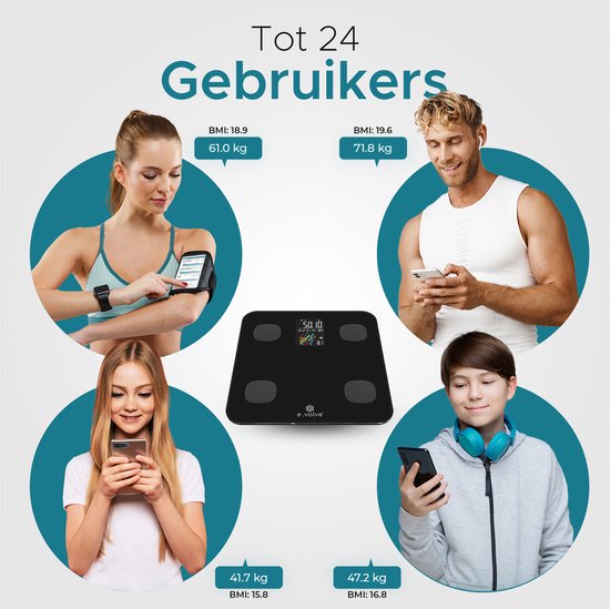 e.volve Weegschaal Personenweegschaal Digitaal - 16 Metingen - Slimme Weegschaal met Lichaamsanalyse - Precisie Weegschaal - Weegschalen - Digitale Weegschaal - Incl. App
