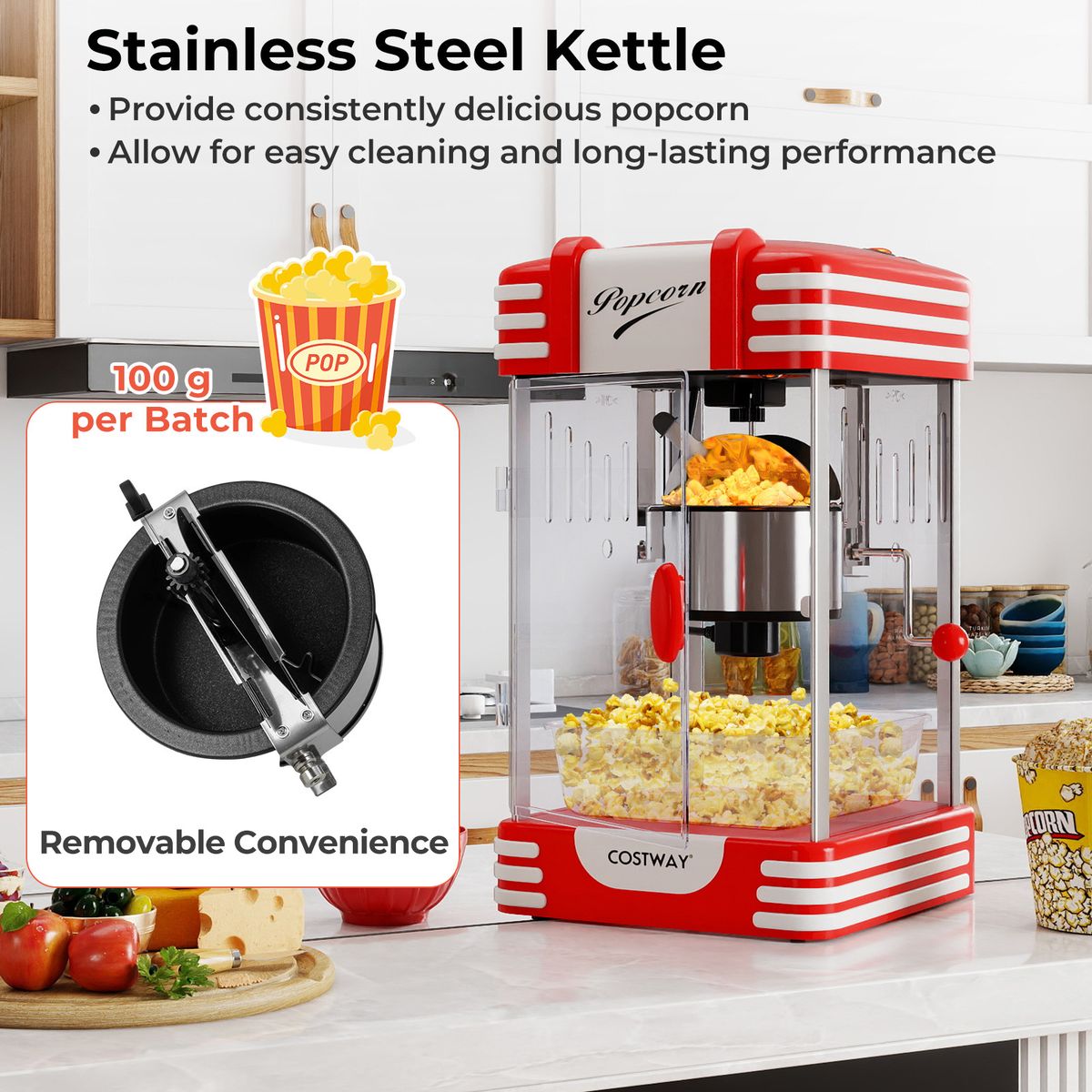 Coast Popcornmachine - retro bioscoopstijl - warmhoudlamp - handmatige bediening - rood/wit