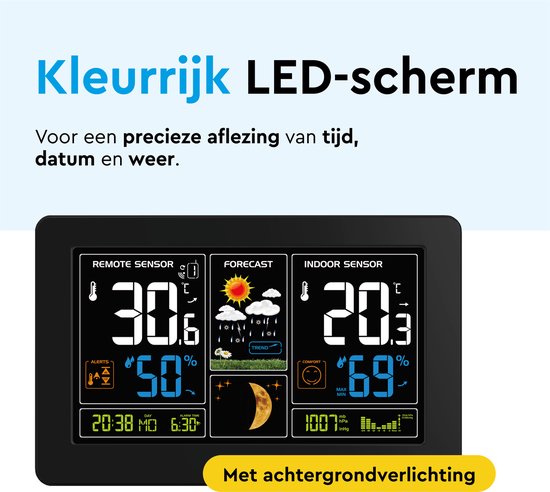 BRASQ Draadloos Weerstation binnen en buiten - Hygrometer - Luchtvochtigheidsmeter - Met buitensensor tot 60 meter - Thermometer - Barometer - inclusief batterijen