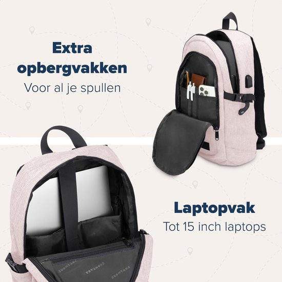 TRVLMORE Rugtas - 25L - 15,6 Inch - Laptop Rugzak met USB - Schooltas - Heren en Dames - Tas Roze