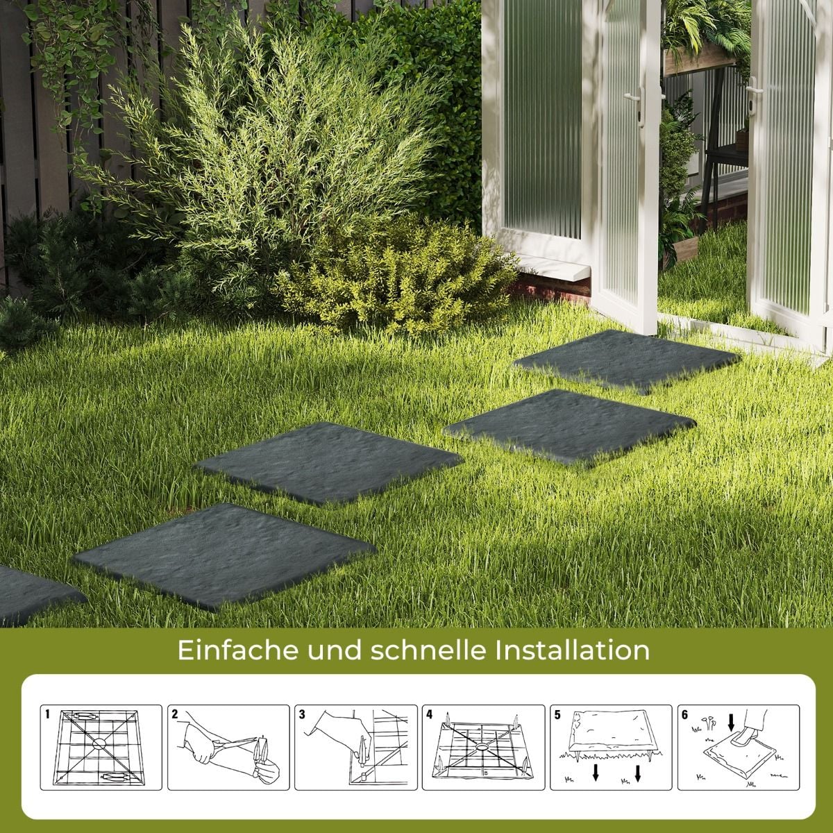 Coast Stapstenen Grijs – Set van 8 Tuintegels met 32 Grondpennen – 39,5 x 39,5 cm