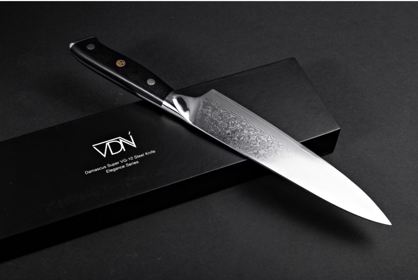VDN Elegance Damaststaal Koksmes 21 cm – Zwart handvat, roestvrij staal