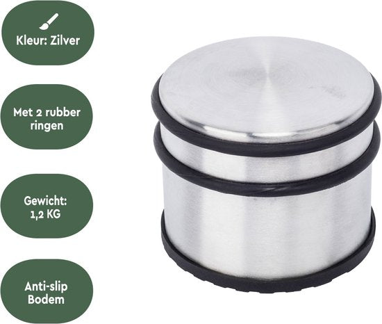 BRASQ Deurstopper met anti slip RVS 1,1 Kg - Voor binnen en buiten - Deurbuffer met rubberen bescherming Ø9 x 7,5 cm