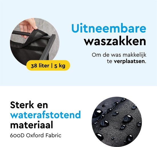BRASQ Wasmand 2 vakken - Wassorteerder 76 Liter - Uitschuifbaar met Plank 73x33x71 cm - Wasbox Zwart Metaal - Bruin hout - Basket