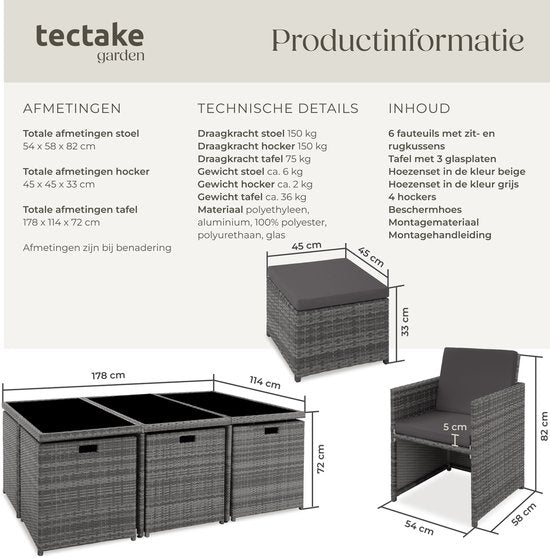 tectake® Loungemeubelset - Wicker tuinset - 6 stoelen, 4 krukken en 1 tafel - Tuinmeubelen voor balkon, tuin en terras - Inclusief beschermhoes en kussens - Met 2 kleuren hoezensets - Gemakkelijk te onderhouden - Glazen tafelblad - Grijs
