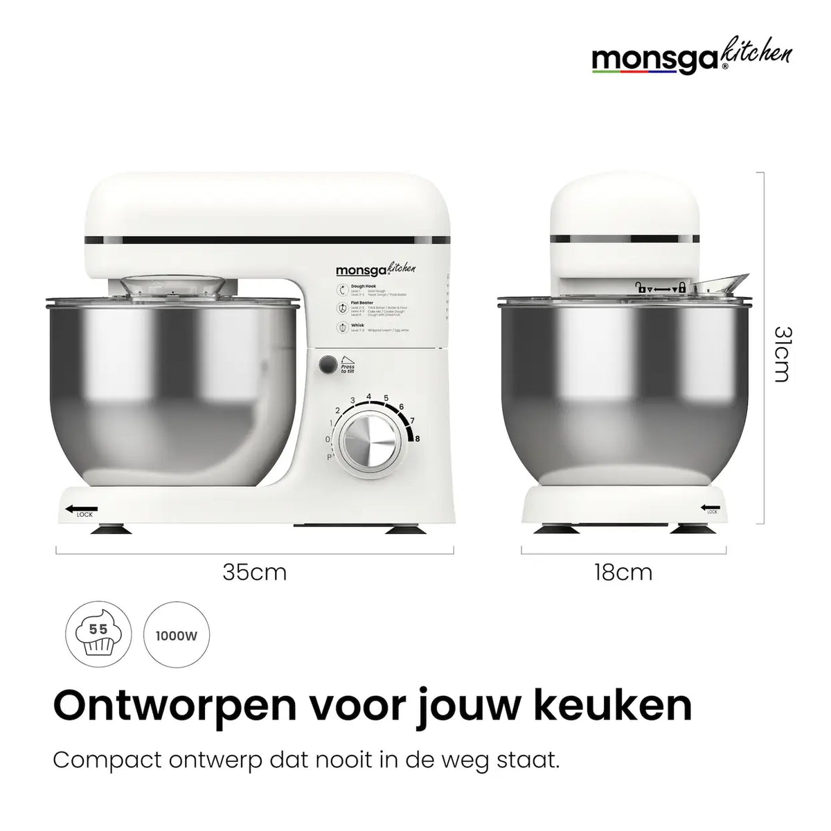 MONSGA SM100 keukenmachine - 1000 W - 5 L mengkom - crèmewit