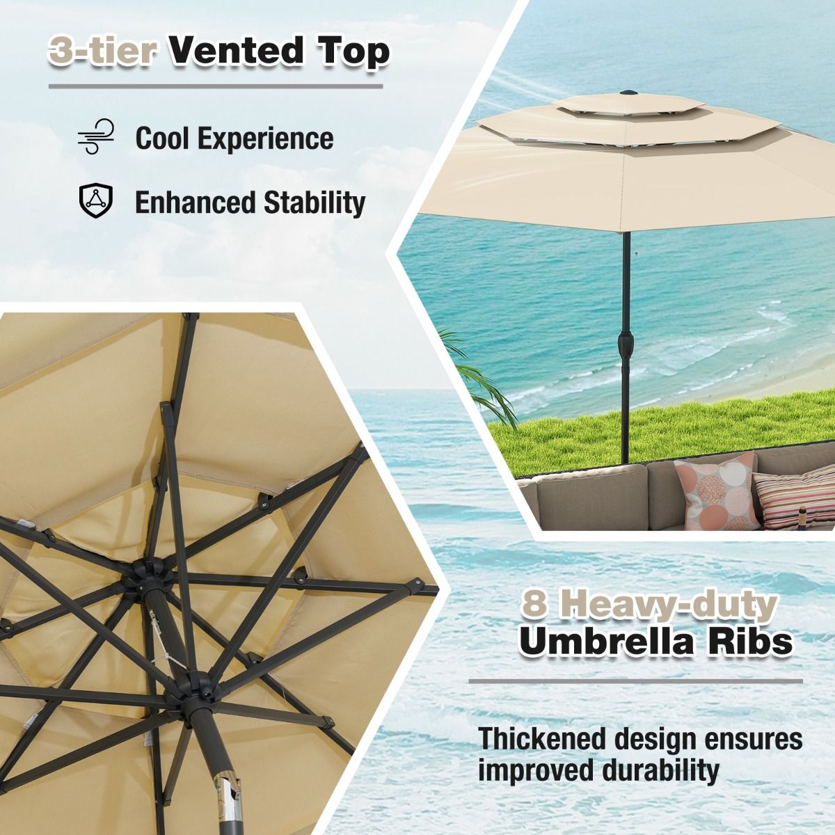 Coast Tafelparasol - 3-laags geventileerd - Kantelbaar met handslinger - 300 cm rond - Beige