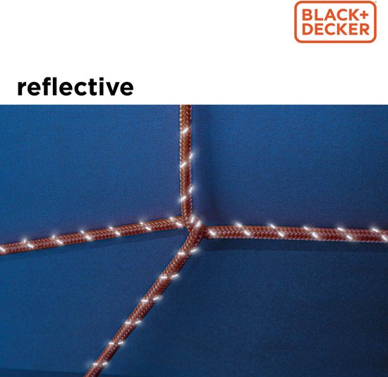 BLACK+DECKER Spanband 15 Meter - Incl. Spanband Oproller - Sjorband - Transport Touw - Elastisch Koord - met Reflecterende Delen - Transportbeheer - Nylon/ Kunststof - Oranje/Zwart