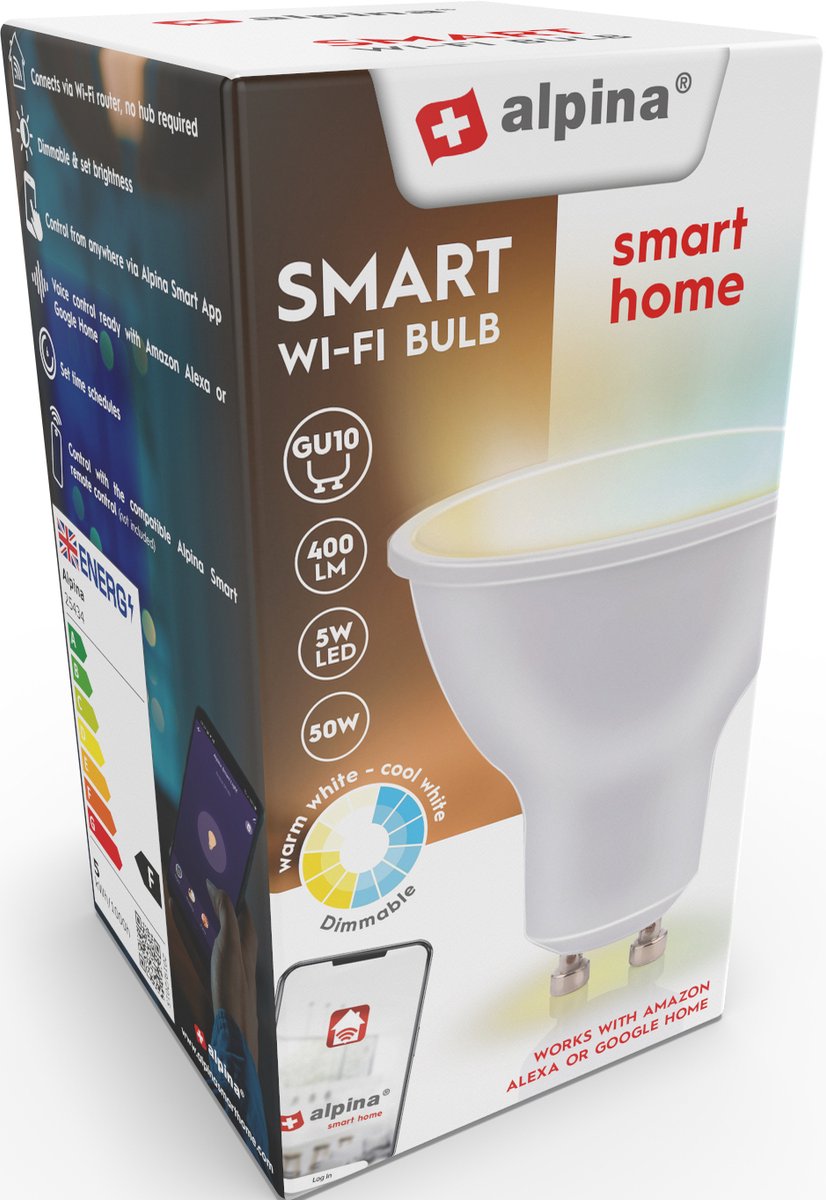 Alpina Smart Home LED Lamp – GU10 – 5W – 470lm – Warm & Koud Wit – Dimbaar – App & Voice Control – Werkt met Alexa & Google Home