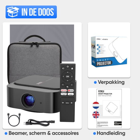 Strex Smart Beamer WiFi - Mini Beamer met Apps (WhaleOS) - 1080P Full HD Projector - 4K Ondersteuning - Bluetooth en Ingebouwde Speakers - Inclusief Opbergtas & Projectiescherm
