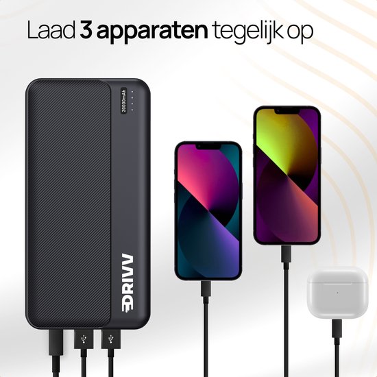 Drivv. Powerbank 20.000 mAh - Inclusief 100w Oplaadkabel - 22.5W snellader - Quick Charge USB 3.0 - USB C - Geschikt voor iPhone, Samsung en meer