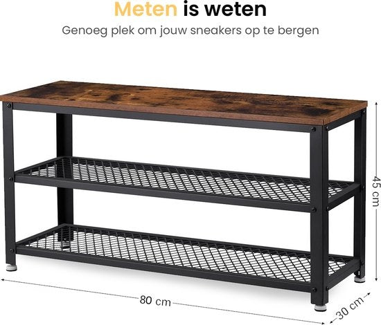 Goliving Schoenenrek – Schoenenbank – Halbank – Industrieel – 30 x 80 x 45 cm – Metaal – Bruin Hout