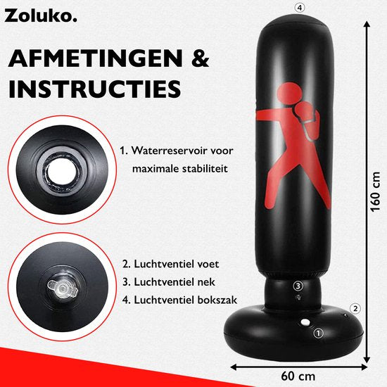 Zoluko Opblaasbare Bokszak op Voet - Incl. Bokshandschoenen, Voetpompje en E-book - Voor binnen en buiten - Voor Volwassenen en Kinderen - Zwart - ø 65 cm - 160 cm hoog