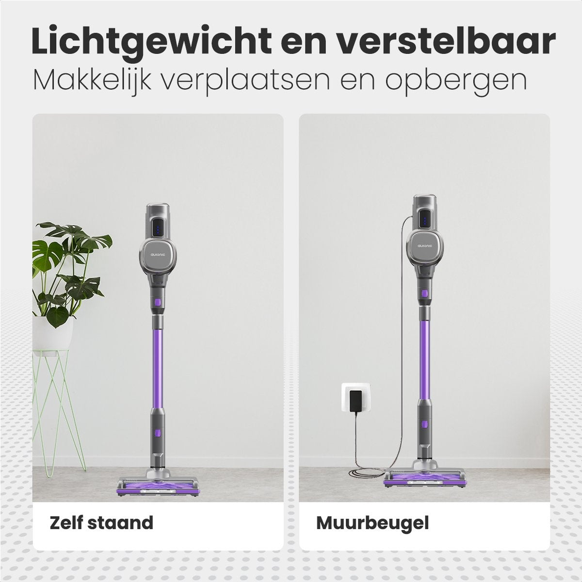 Auronic Steelstofzuiger - Zelfstaande Draadloze Steelstofzuiger - Zonder Zak - 220W - Vacuum Cleaner - Grijs/Paars