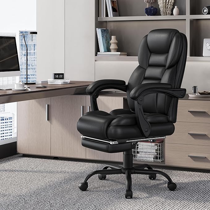 Yaheetech Bureaustoel met Voetensteun – Zwart – Ergonomische Directiestoel met Verstelbare Rugleuning en Armleuningen