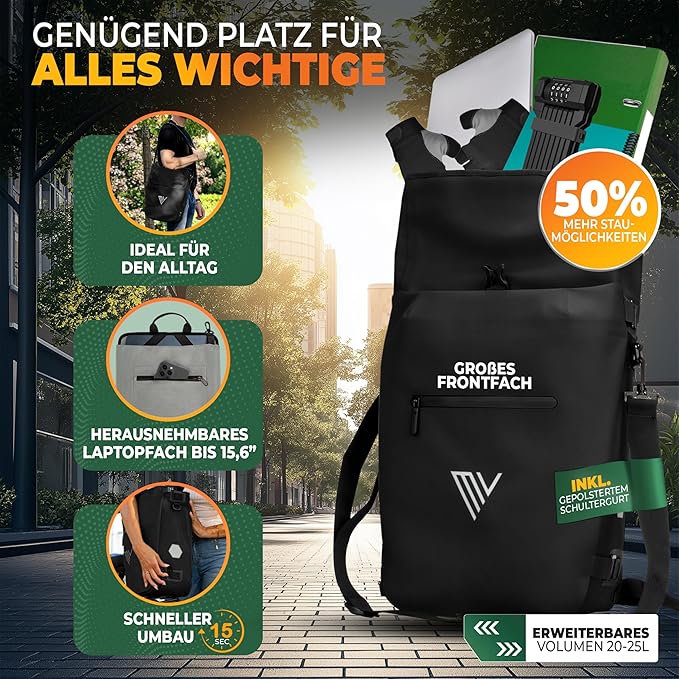 MIVELO - 3-in-1 Fietstas Rugzak - 15 liter Inhoud & 100% Waterdicht - TPU - Zwart