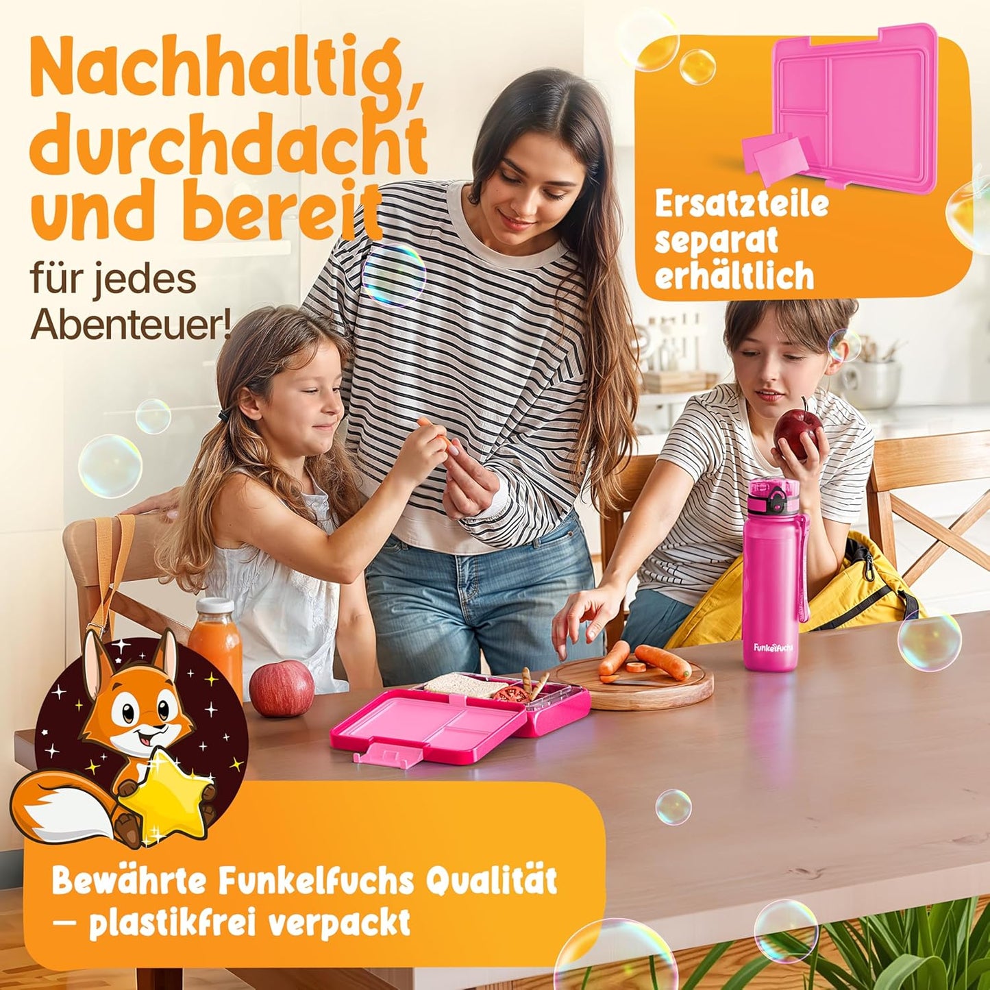 Funkelfuchs® Kinder Lunchbox met vakverdeling – 500 ml - Roze – Lekvrije Bento Snackbox & Broodtrommel – Ideaal voor school, crèche & onderweg