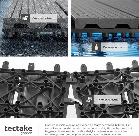 tectake® WPC houten tegels - Houtlook tegels - Weerbestendig - Vloerbedekking voor buiten - Vloertegels - Balkonvloer - Terrastegels met kliksysteem - Afvoer - Set van 22 - Grijs