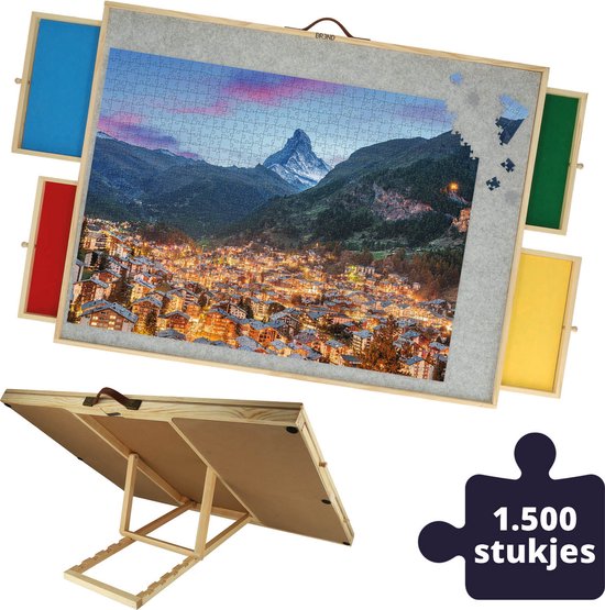 BREND BR-2224 Verstelbare Puzzelplaat met 4 Lades voor 1500 Stukjes - Puzzelbord met transparante Afdekplaat - Puzzeltafel met Vilt en Opbergsysteem