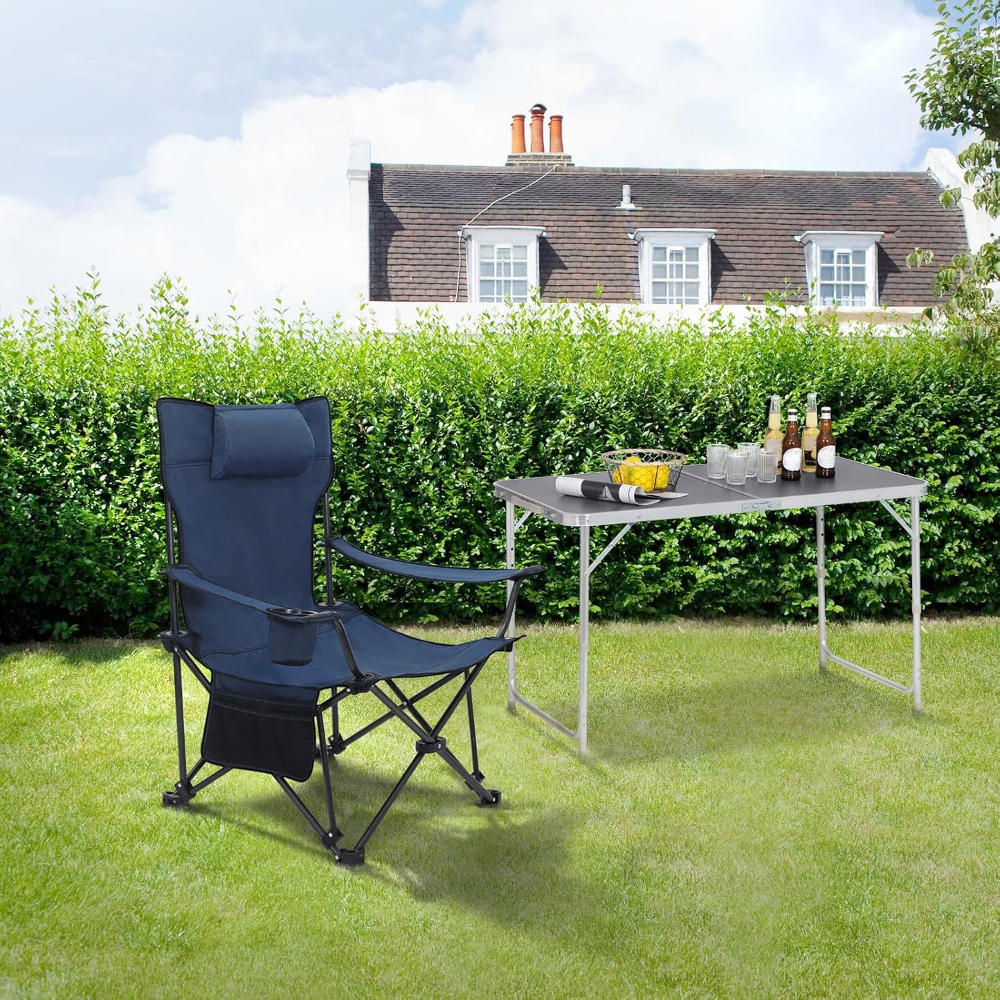 Woltu Campingstoel Set van 2 – Inklapbare Ligstoel met Voetensteun en Bekerhouder – 160 x 88,5 x 84 cm – Blauw