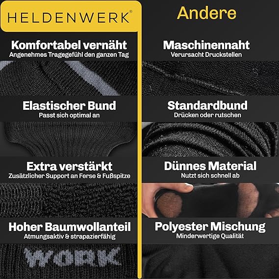 HELDENWERK 10 paar werksokken voor heren, premium | versterkte werksokken van ademend katoen | robuuste werksokken met comfortabele tailleband - Maat 43-46 - zwart/Grijs