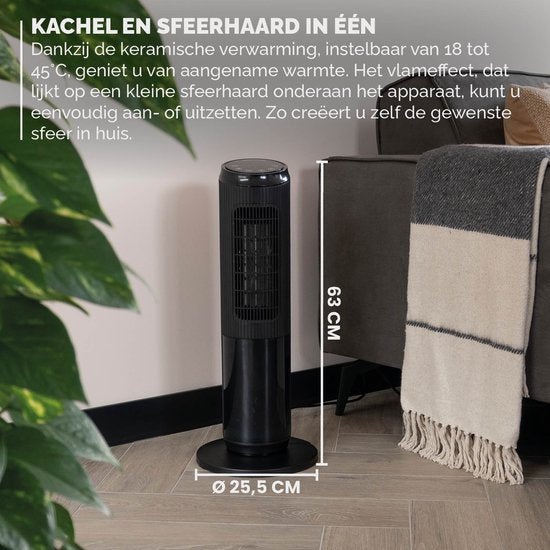 BREND BR-2222 Elektrische Kachel met Sfeerhaard en Thermostaat 18-45 °C – Keramische Ventilatorkachel – Verwarming met Swingfunctie – Timer – Zwart