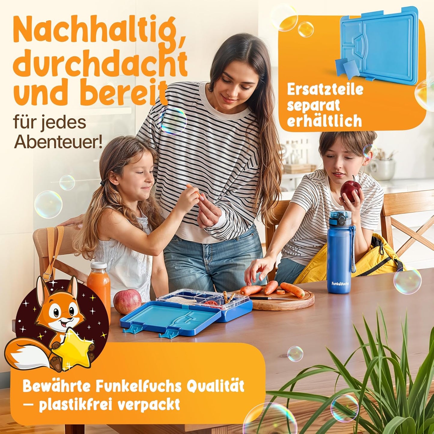 Funkelfuchs® - Lunchbox kinderen met vakverdeling - 800ml, blauw - Lunchbox maanlicht, groot - Snackbox, snackbox, broodtrommel, maaltijdbox, bentobox kinderen - voor school, crèche en kinderdagverblijf