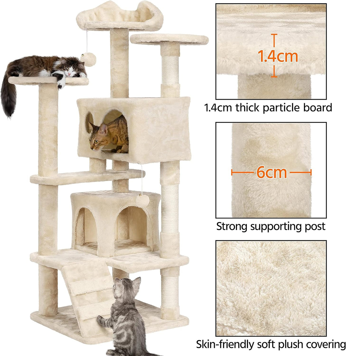 Yaheetech Kattenkrabpaal 137 cm - Beige - 49 x 49 x 137 cm - Met 2 Huisjes, 3 Plateaus en Sisal Speelballen