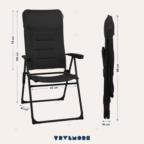 TRVLMORE Campingstoel - 7 standen - Comfortabele Kampeerstoel - 120 kg draagvermogen - Ligstand - Inklapbare stoel - Klapstoel - Zwart