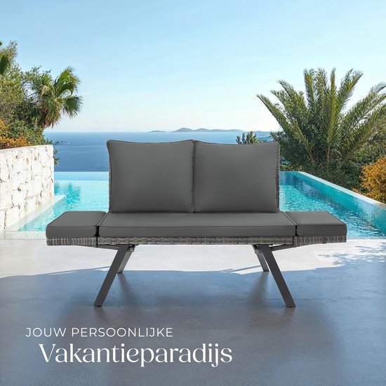 tectake® 2-in-1 Wicker Tuinbank Sintra - Verstelbare Leuningen - Tuinset - Ligbed - Balkon Loungebank - Incl. Kussens - Outdoor Loungesofa - UV- en Weerbestendig Zonnebed - Grijs