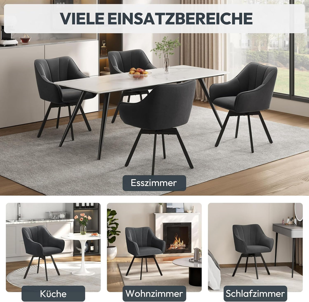 Yaheetech Eetkamerstoel Draaibaar 360° met Armleuningen - Fluweel - 55x58,5x82 cm - Donkergrijs